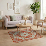 Ornate Floral Cream Area Rug with Terracotta Borders