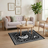 Ornate Celestial Moons Stars Black White Rug