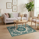 Blue and Teal Ornate Teal Mandala Floral Area Rug