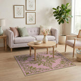 ODIKA Washable Pink & Olive Vintage Ornate Floral Low Pile Rug