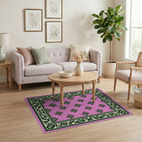 Pink Fleur-de-Lis Damask Rug with Ornate Green Border