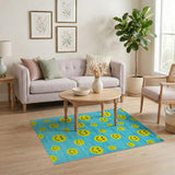 Cheerful Yellow Smiley Faces Teal Area Rug