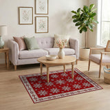 Red Snowflake Holiday Area Rug with Ornate Border