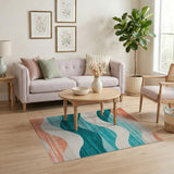 Abstract Teal Wave Washable Area Rug