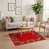 Festive Red Holly Leaf Border Area Rug