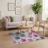 Pink Playful Pink Grey Elephant Kids Area Rug