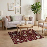 Red Floral Vintage Area Rug with White Blooms Gold Leaves