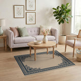 Elegant Navy Floral Border Beige Area Rug