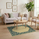 Ornate Teal Floral Border Beige Area Rug