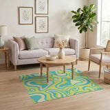 Vibrant Yellow Teal Abstract Wave Area Rug