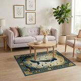 Vintage Navy Blue Gold Mermaid Washable Area Rug, Low Pile Non-Slip