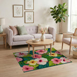 ODIKA Tropical Hibiscus Washable Area Rug - Low Pile Non-Slip Floral Carpet