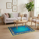 Ornate Blue Teal Gradient Persian Border Rug