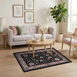 Vintage Pink Rose Floral Black Area Rug