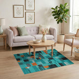 Blue and Teal Teal Geometric Modern Area Rug with Orange Accents