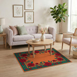 Orange Area Rug with Vibrant Red Rose Border