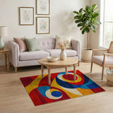 Vibrant Geometric Abstract Area Rug in Red Blue Yellow