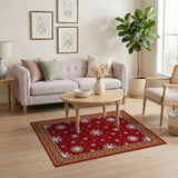 Elegant Red Snowflake Rug with Gold Border