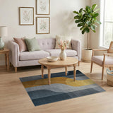 Abstract Gold Curves Navy Grey Area Rug