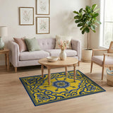 Golden Yellow Persian Area Rug with Blue Floral Medallion