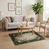Ornate Green Peony Vine Border Rug