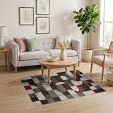 Modern Geometric Grey Area Rug with Red Accents