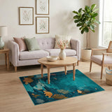 Teal Underwater Canyon Area Rug with Sea Turtles