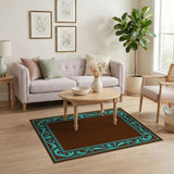 Ornate Teal Border Chocolate Area Rug