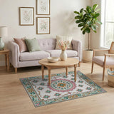 Ornate Pink Teal Medallion Persian Rug