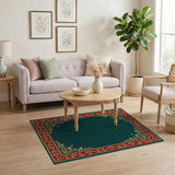Ornate Emerald Green Rug with Gold Floral Border