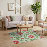 Vibrant Pink Floral Area Rug with Green Leaves