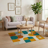ODIKA Mid-Century Modern Geometric Washable Area Rug, Teal & Mustard