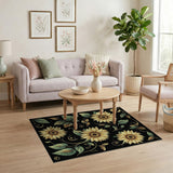 Golden Sunflower Floral Area Rug Black