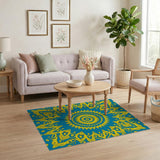 Teal Blue Mandala Persian Area Rug with Golden Flourishes