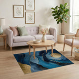 ODIKA Washable Abstract Navy Blue and Gold Marble Area Rug - Low Pile & Non-Slip