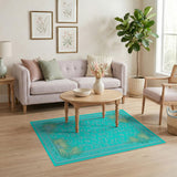 Teal Paisley Palm Leaf Coastal Area Rug