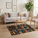 Bold Interlocking Orange Black Geometric Rug