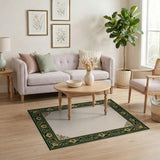 Ornate Emerald Green and Gold Floral Border Rug