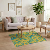 Teal Fern Leaves on Sunny Yellow Boho Rug
