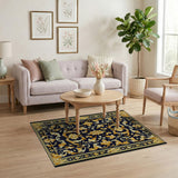 Navy Gold Ornate Floral Area Rug