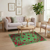 Vibrant Red Floral Blooms Green Area Rug