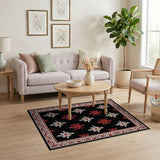 Black Persian Floral Rug with Red Border