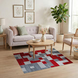 Modern Abstract Geometric Red and Grey Washable Area Rug - Non-Slip Low Pile