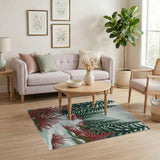 Snowy Pine Forest Path with Red Shrubs Area Rug