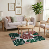 Pink Green Monstera Leaves Boho Area Rug