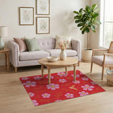 ODIKA Red Floral Washable Area Rug - Whimsical Pink Flower Low Pile Non-Slip Carpet