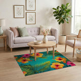 ODIKA Tropical Hibiscus Washable Rug - Teal Palm Leaf Low Pile Non-Slip Area Carpet