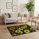 Vibrant Yellow Floral Teal Leaves Black Area Rug