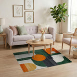 ODIKA Washable Geometric Abstract Area Rug, Modern Green & Orange Low Pile Non-Slip Carpet