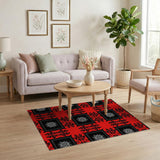 Vibrant Red Black Framed Star Tribal Area Rug